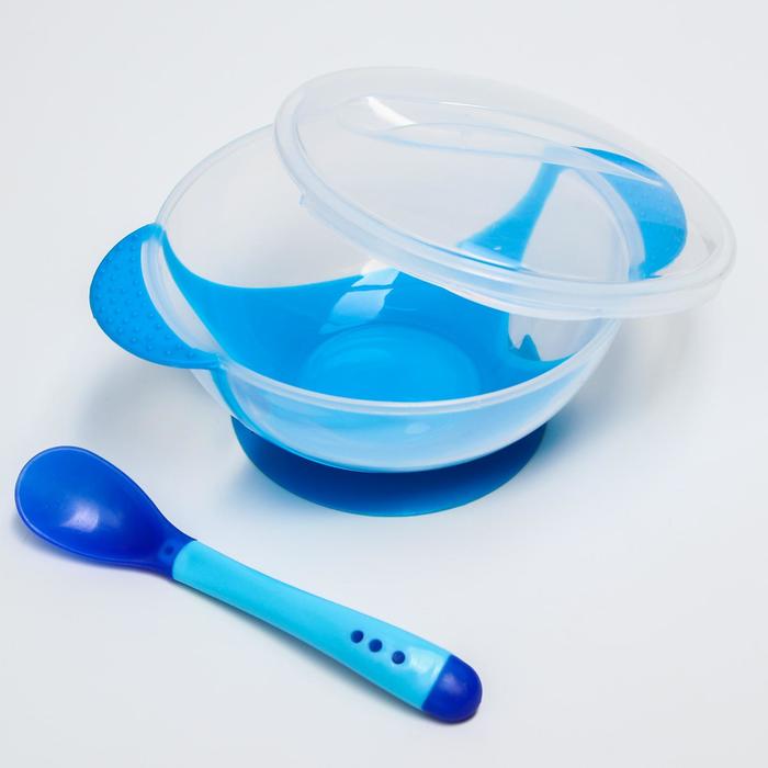 Набор для кормления, 3 предмета: тарелка на присоске 350 мл, крышка, термоложка, цвет синий - фото 1906864630