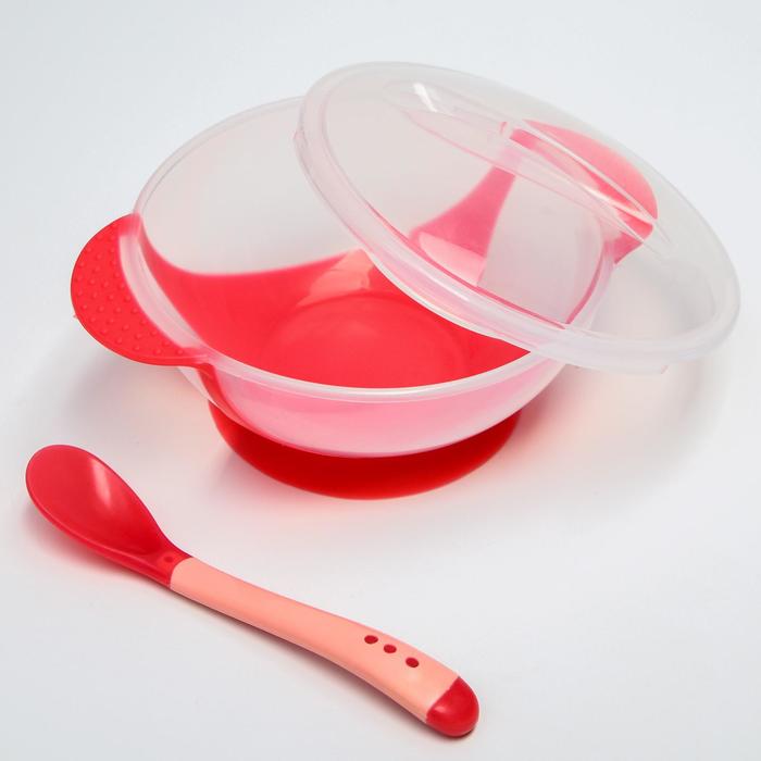Набор для кормления: миска на присоске 340 мл., с крышкой, термоложка, цвет красно-бежевый - фото 1906864635