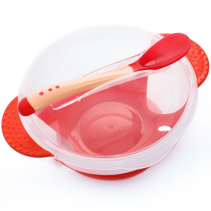 Набор для кормления: миска на присоске 340 мл., с крышкой, термоложка, цвет красно-бежевый - фото 1906864638