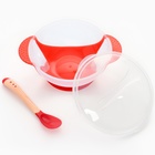Набор для кормления: миска на присоске 340 мл., с крышкой, термоложка, цвет красно-бежевый - фото 9878368