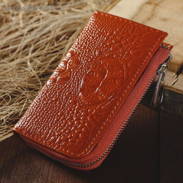 Ключница на молнии, 1 отдел, карман для карт, кольцо, карабины, цвет коричневый - Фото 1