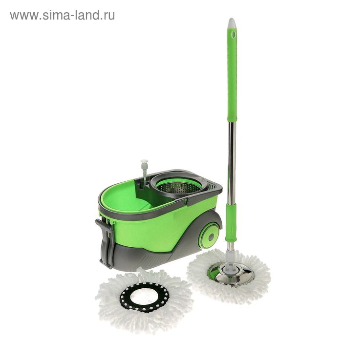 Набор для уборки: швабра, ведро на колёсах с металлической центрифугой, запасная насадка из микрофибры, дозатор, цвет зелёно-серый - Фото 1