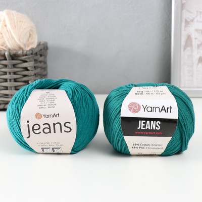 Пряжа для вязания спицами, крючком YarnArt, Jeans, 55% хлопок, 45% акрил, 160 м/50 г, (63 павлиновый зелёный)