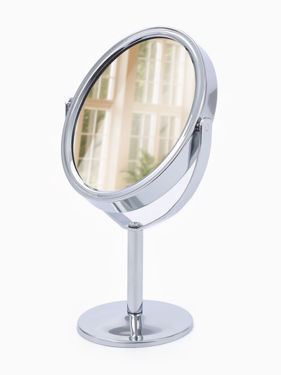Зеркало настольное, с увеличением х2, металлическое, двустороннее, 9×16 см, (8×9.5 см), серебристое