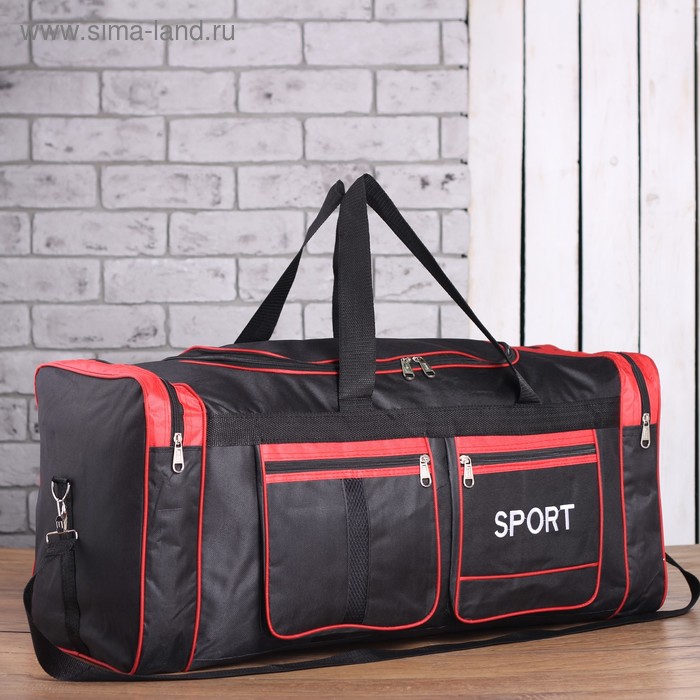 Сумка спортивная, отдел на молнии, 4 наружных кармана, длинный ремень, цвет чёрный/красный - Фото 1