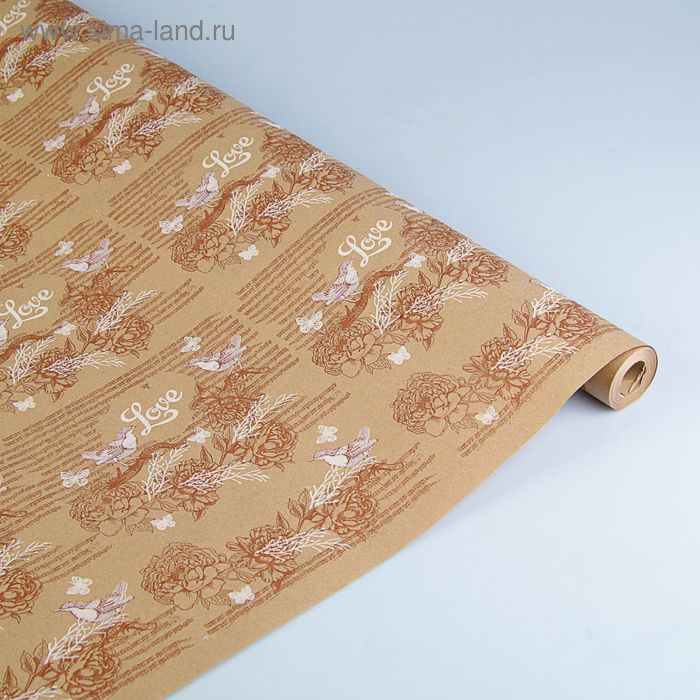 Бумага упаковочная крафт "Винтажная птичка", бело-коричневая на коричневом 70 см х 8,5 м - Фото 1