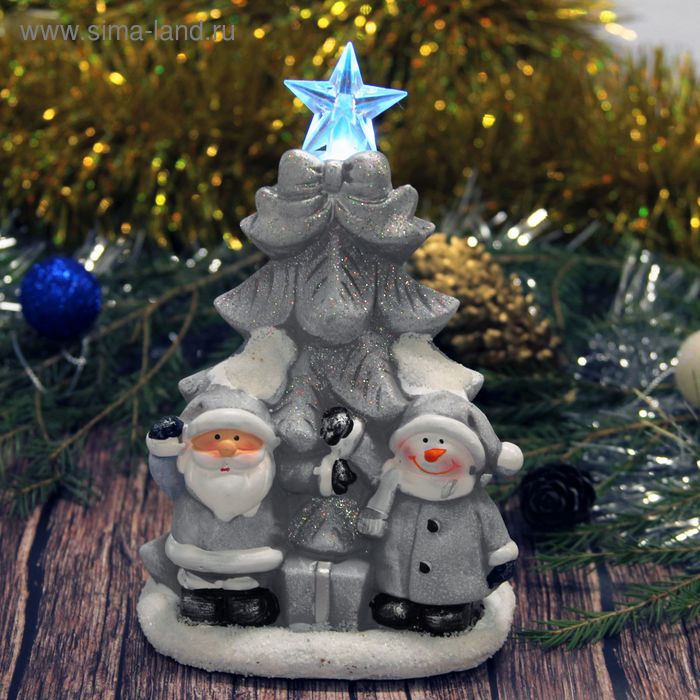 Сувенир керамика световой "Дед Мороз и снеговик у ёлки" серебро 17,5х11,5х9 см - Фото 1