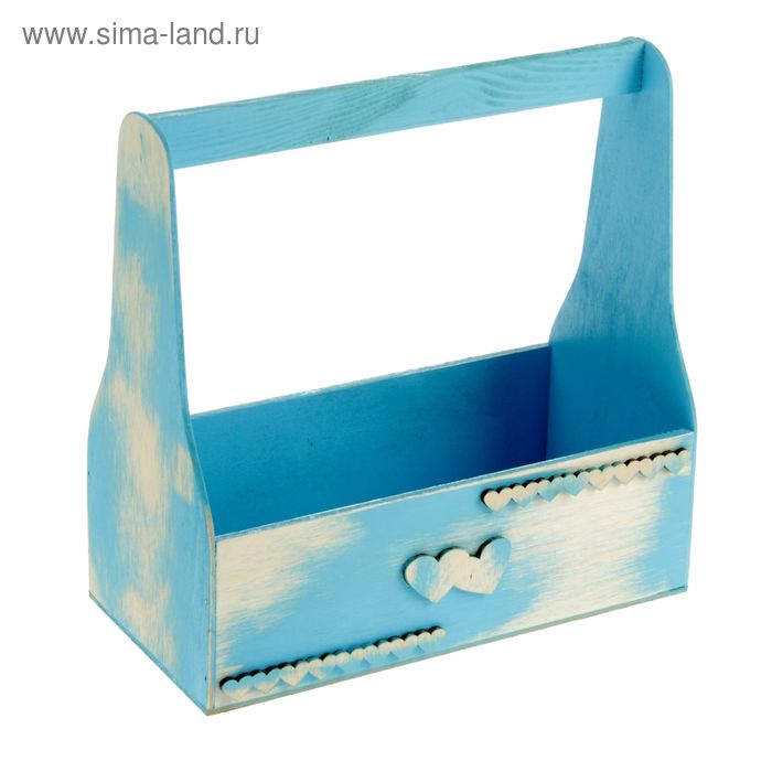 Кашпо деревянное Стелла Винтаж "Сердечки", с ручкой, голубой - Фото 1