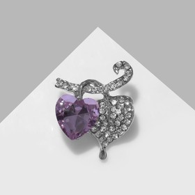 Брошь «Сердечки на веточке», цвет бело-сиреневый в серебре