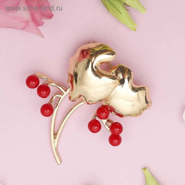 Брошь «Веточка ягодная», цвет красный в золоте - Фото 1