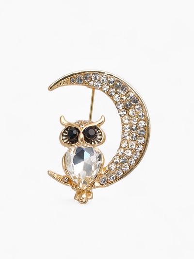 Брошь «Сова на месяце», чёрно-белая в золоте