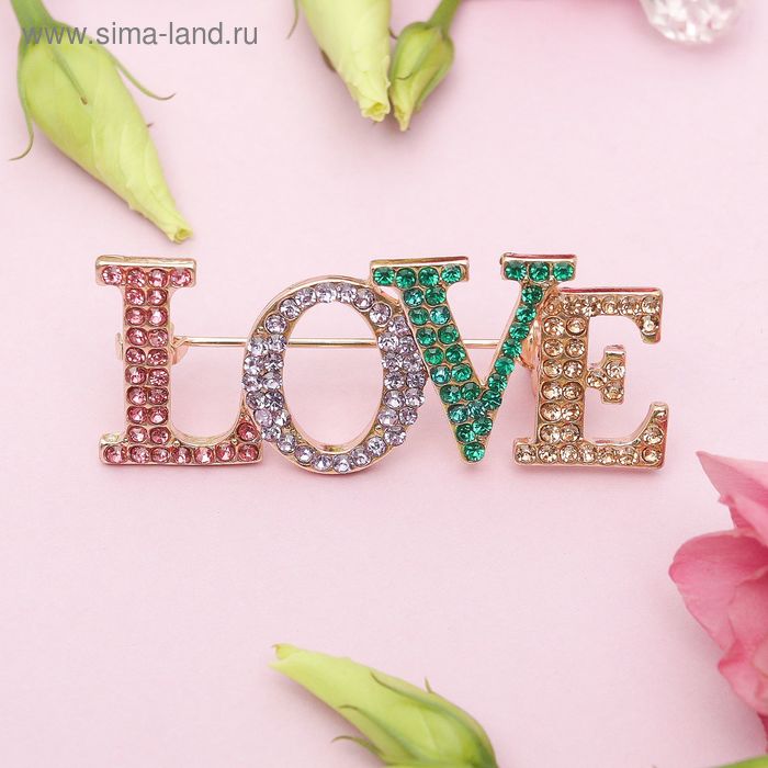 Брошь LOVE, цветная в золоте - Фото 1