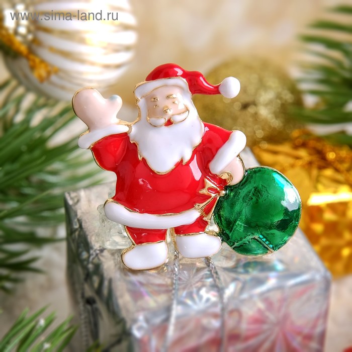 Брошь "Новогодняя сказка" Дед Мороз с мешком подарков, разноцветный в золоте - Фото 1