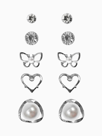 Серьги пусеты QF «Ассорти», 5 пар, настроение, цвет белый в серебре