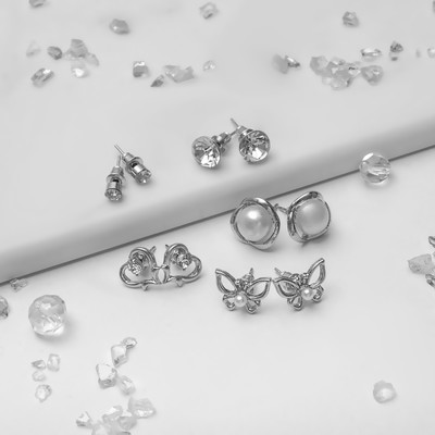 Серьги пусеты QF «Ассорти», 5 пар, настроение, цвет белый в серебре