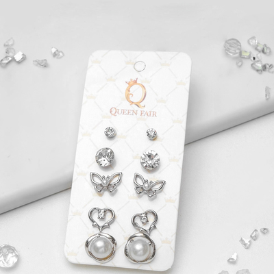 Серьги пусеты QF «Ассорти», 5 пар, настроение, цвет белый в серебре