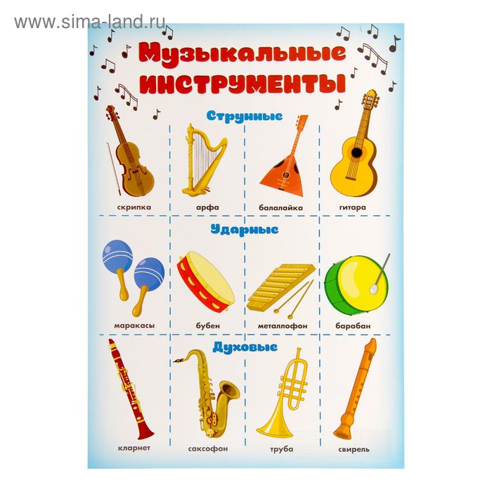 Обучающий плакат "Музыкальные инструменты" А4 - Фото 1
