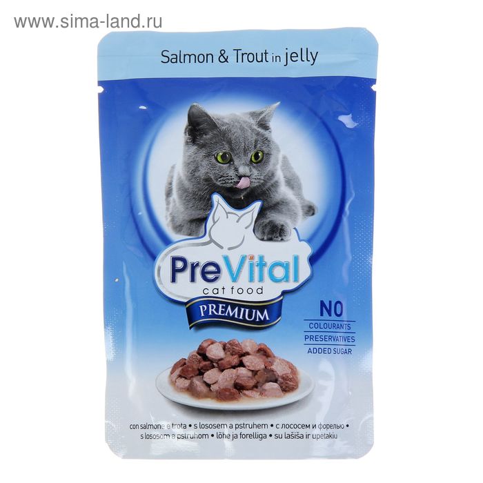 Влажный корм PreVital Premium для кошек, лосось/форель в желе, пауч, 100 г - Фото 1