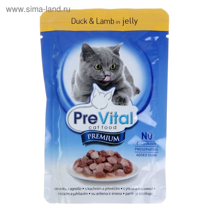 Влажный корм PreVital Premium для кошек, утка/ягненок в желе, пауч, 100 г - Фото 1