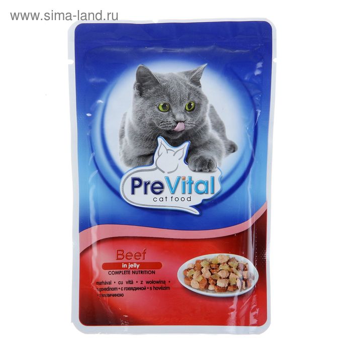 Влажный корм PreVital для кошек, говядина в желе, пауч, 100 г - Фото 1