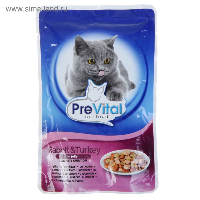 Влажный корм PreVital для кошек, кролик/индейка в желе, пауч, 100 г - Фото 1
