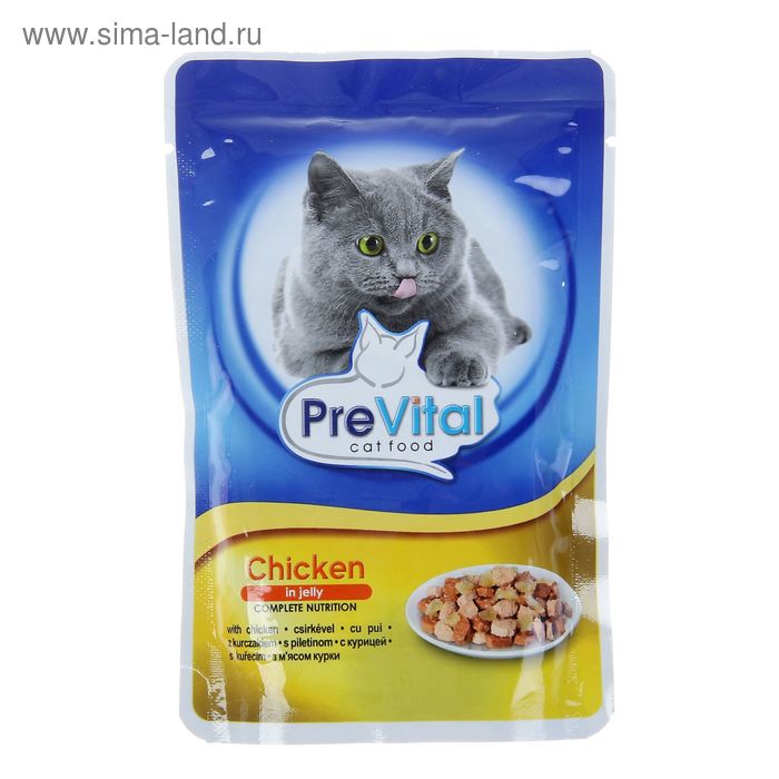 Влажный корм PreVital для кошек, курица в желе, пауч, 100 г - Фото 1