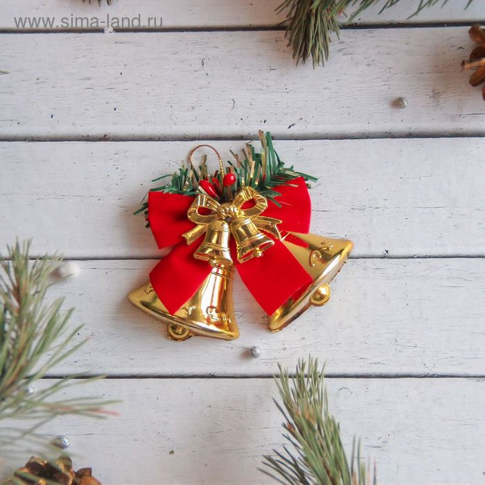 Ёлочная игрушка «Зимнее волшебство. Колокольчики с бантом» пластик, 8×6 см, красно- золотой - Фото 1
