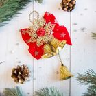 Украшение новогоднее "Колокольчики на красном бантике с цветком" 10х15 см, золото - Фото 1