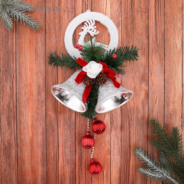 Украшение новогоднее "Колокольчики с шариками и декором" 15х30 см, бело-красный - Фото 1