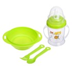 Набор детской посуды, 4 предмета: миска 200 мл, бутылочка для кормления 180 мл, ложка, вилка, цвета МИКС - фото 8331204