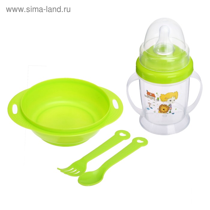 Набор детской посуды, 4 предмета: миска 200 мл, бутылочка для кормления 180 мл, ложка, вилка, цвета МИКС