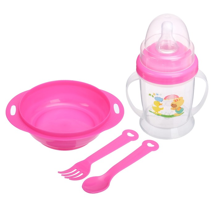 Набор детской посуды, 4 предмета: миска 200 мл, бутылочка для кормления 180 мл, ложка, вилка, цвета МИКС - фото 1906865510