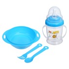 Набор детской посуды, 4 предмета: миска 200 мл, бутылочка для кормления 180 мл, ложка, вилка, цвета МИКС - фото 4574766