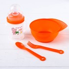 Набор детской посуды, 4 предмета: миска 300 мл, бутылочка для кормления 180 мл, ложка, вилка, цвета МИКС - фото 8331212