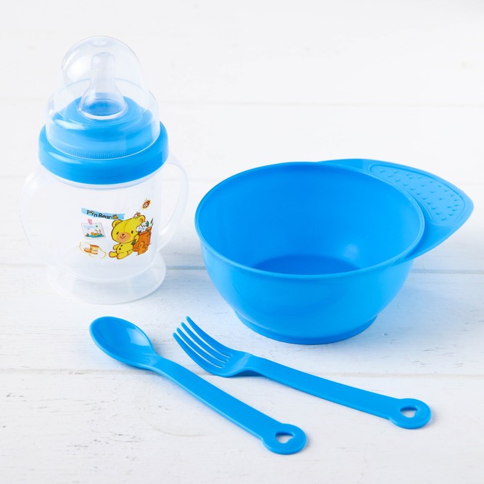 Набор детской посуды, 4 предмета: миска 300 мл, бутылочка для кормления 180 мл, ложка, вилка, цвета МИКС - фото 1887729700
