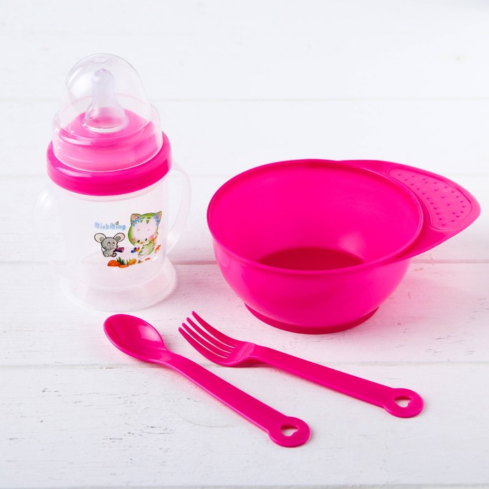 Набор детской посуды, 4 предмета: миска 300 мл, бутылочка для кормления 180 мл, ложка, вилка, цвета МИКС - фото 1906865514