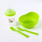 Набор детской посуды, 4 предмета: миска 300 мл, бутылочка для кормления 180 мл, ложка, вилка, цвета МИКС - фото 8567586