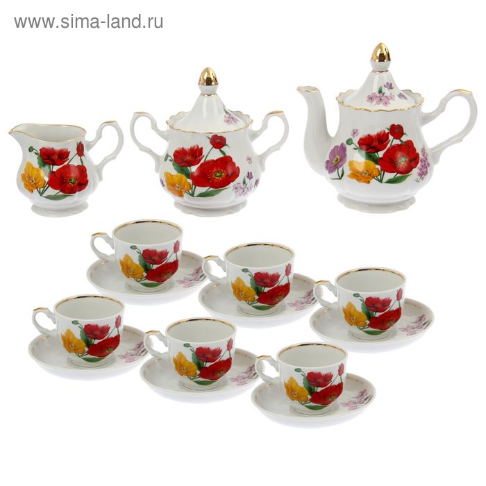 Сервиз чайный "Романс. Полевые маки", 15 предметов: чайник, сахарница, сливочник, 6 чашек 250 мл, 6 блюдец - Фото 1