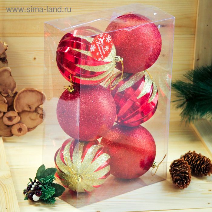 Набор шаров пластик d-10 см, 6 шт "Всплеск" красный - Фото 1