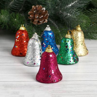 Ёлочные игрушки 6 шт. «Зимнее волшебство. Колокольчик в блёстках» пластик, 4.5×5.5 см, МИКС
