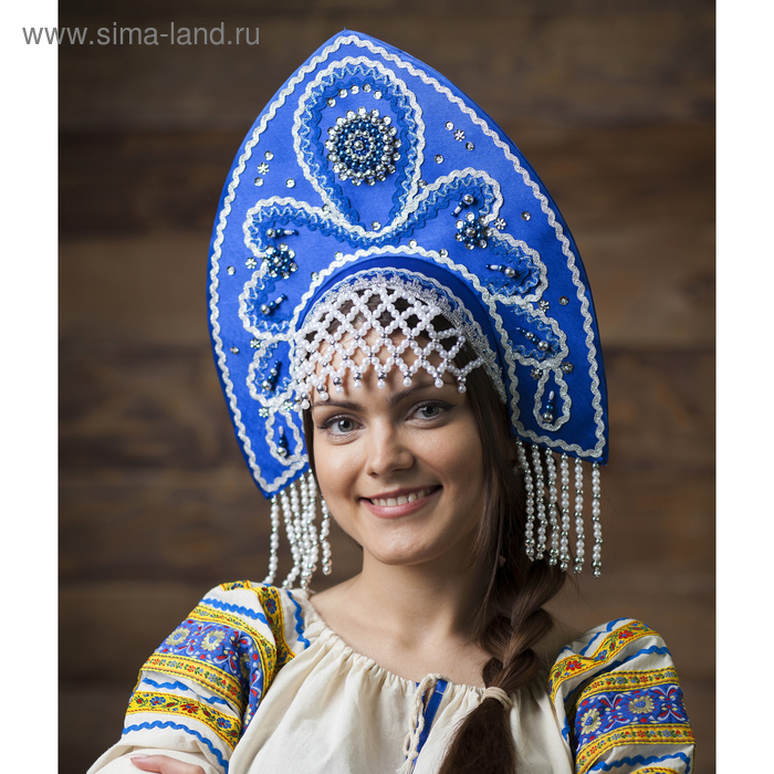 Кокошник "Анна" с тесьмой, цвет синий, виды МИКС - Фото 1