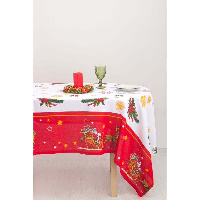 Скатерть "Доляна" Новогодние сани 150*250 см, 100% хлопок, рогожка, 162 г/м2 - Фото 1