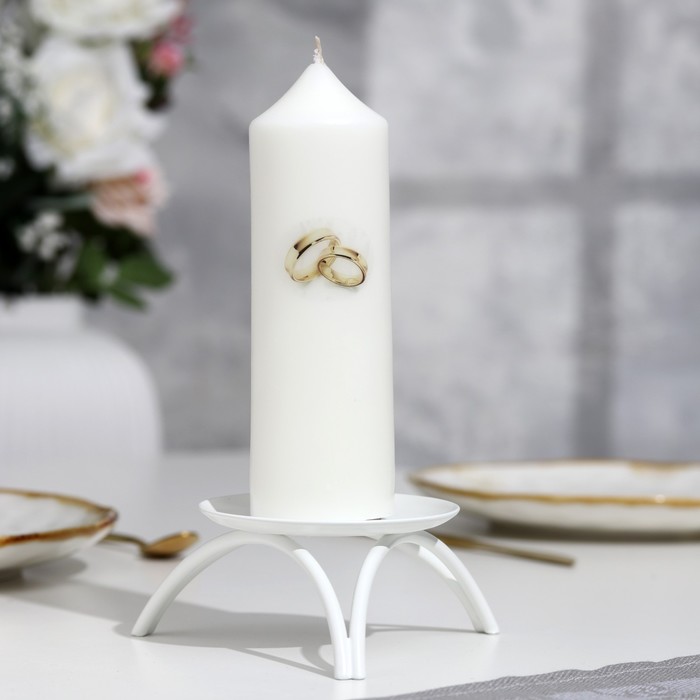Свеча-цилиндр свадебная "Обручальные кольца", 5х15,5 см, белая, домашний очаг, ручная работа - Фото 1