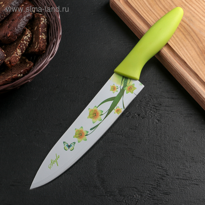 Нож кухонный с антиналипающим покрытием Доляна «Нарцисс», лезвие 20 см, цвет зелёный - Фото 1