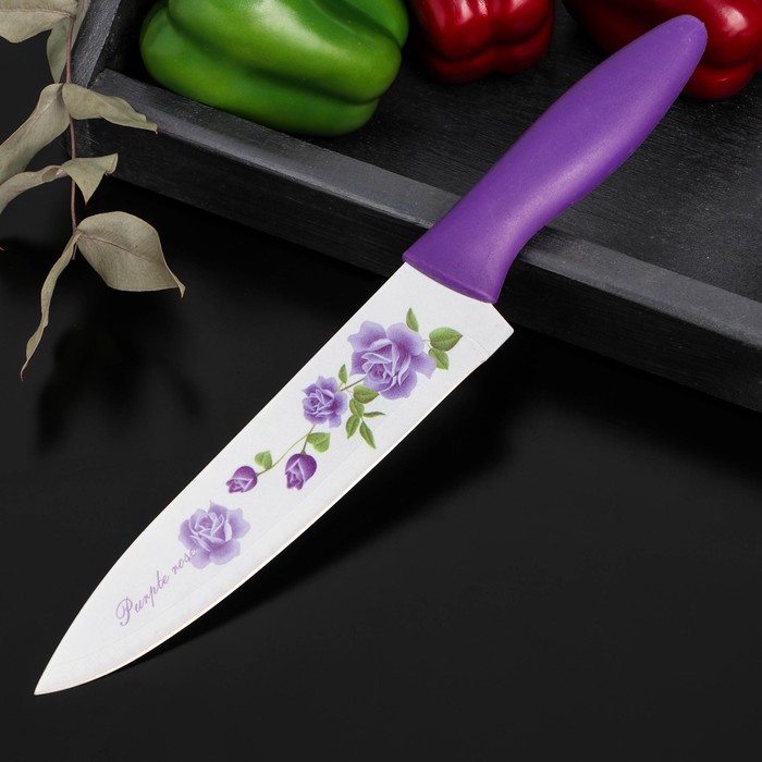 Нож кухонный с антиналипающим покрытием Доляна «Сиреневая роза», лезвие 20 см, цвет фиолетовый