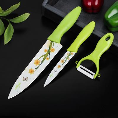 Набор кухонных принадлежностей Доляна «Нарцисс», 3 предмета: 2 ножа с антиналипающим покрытием, лезвие 12 см, овощечистка, 20×4 см, цвет зелёный