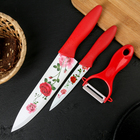 Набор кухонный Доляна «Нарцисс», 3 предмета: 2 ножа с антиналипающим покрытием, лезвие 12 см, овощечистка, 20×4 см, цвет красный - фото 4102386