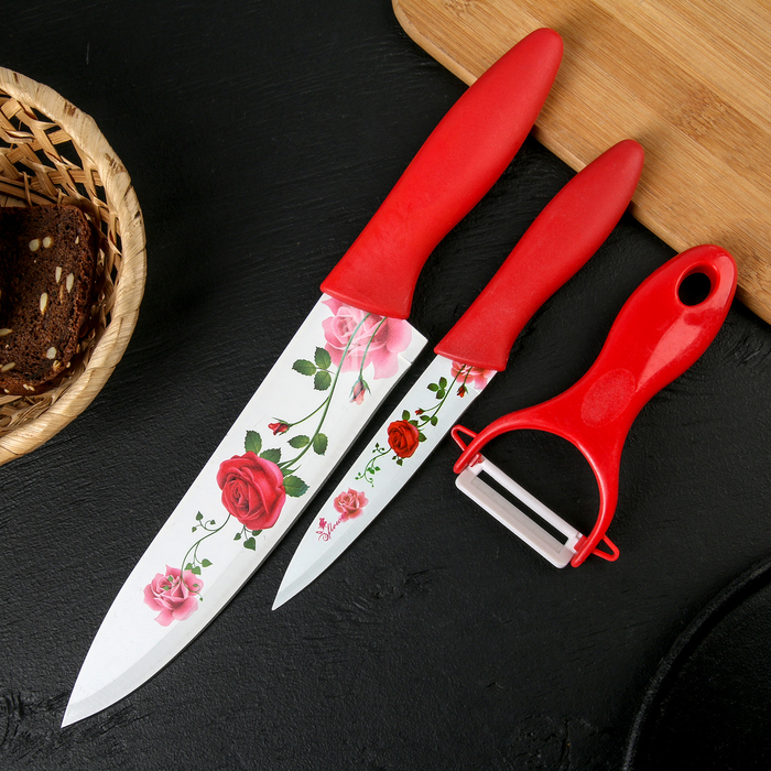 Набор кухонных принадлежностей Доляна «Нарцисс», 3 предмета: 2 ножа с антиналипающим покрытием, лезвие 12 см, овощечистка, 20×4 см, цвет красный - фото 1906866424