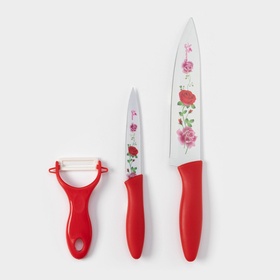 Набор кухонных принадлежностей Доляна «Нарцисс», 3 предмета: 2 ножа с антиналипающим покрытием, лезвие 12 см, овощечистка, 20×4 см, красный