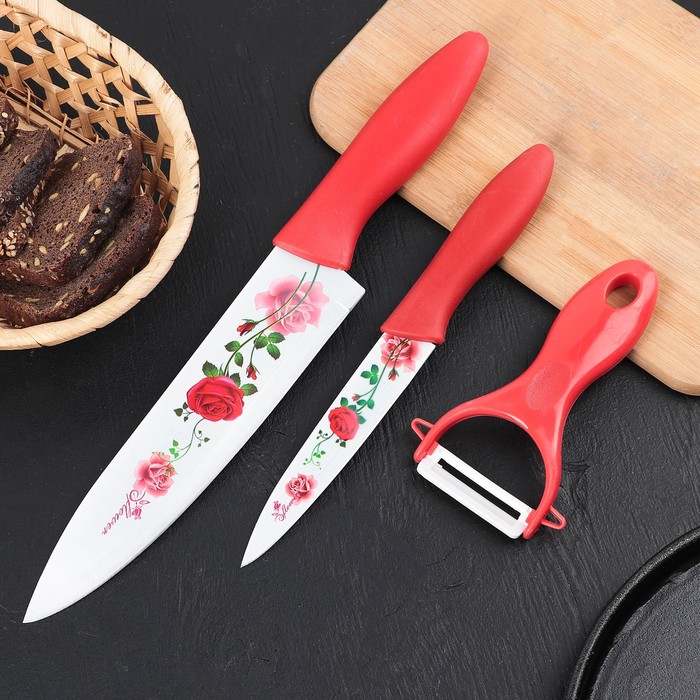 Набор кухонных принадлежностей Доляна «Нарцисс», 3 предмета: 2 ножа с антиналипающим покрытием, лезвие 12 см, овощечистка, 20×4 см, цвет красный - фото 1906866425